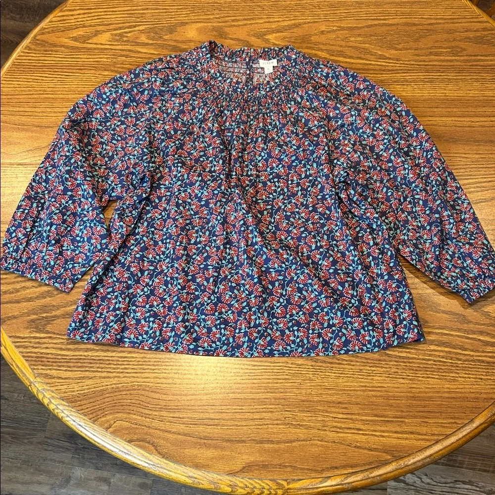 J. Crew Smocked-Neck Print Top